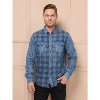 Camisa xadrez jeans masculina manga longa com bolso social - Lavagem Media