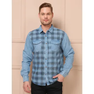 Camisa xadrez jeans masculina manga longa com bolso social - Lavagem Media