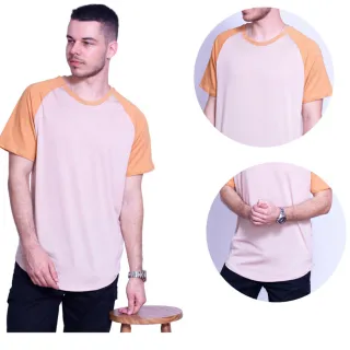 Camiseta Raglan Masculina de Manga Curta com Gola Redonda - CAQUI/CARAMELO