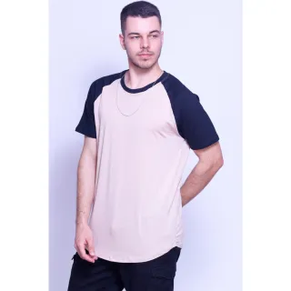 Camiseta Raglan Masculina de Manga Curta com Gola Redonda - CAQUI/CARAMELO