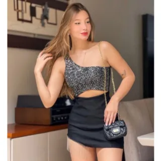 Promoção: Saia feminina curta em bengaline com strass - Tendência - Branco