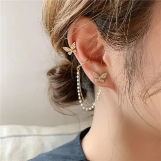Piercing Fake Borboleta Brincos de Pressão Feminino Corrente de Pérolas - Prata