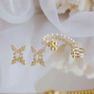 Piercing Fake Borboleta Brincos de Pressão Feminino Corrente de Pérolas - Prata