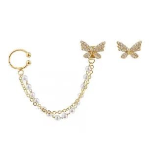 Piercing Fake Borboleta Brincos de Pressão Feminino Corrente de Pérolas - Prata