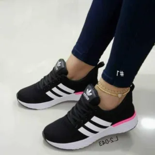 Adulto esportivo casual feminino confortável e leve tênis - PRETO/PINK