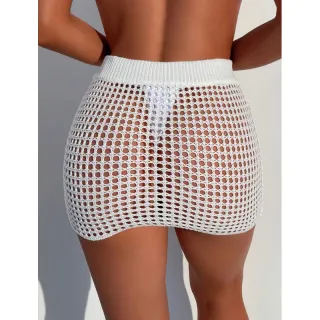 Moda praia feminina: saída de praia tricot curta, verão - Branco