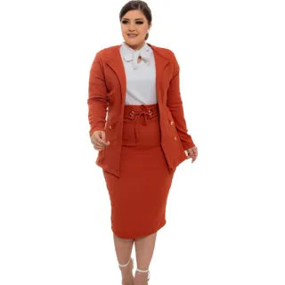 Moda Feminina Modesta Evangélica: Conjunto Blazer Saia Ilhós Crepe 2 Peças - Preto