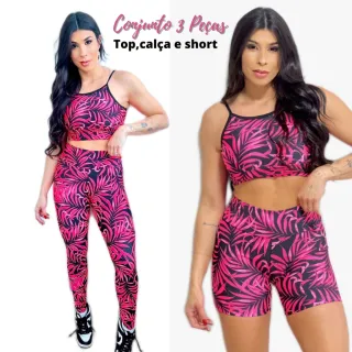 Conjunto Fitness Feminino - Calça Legging, Bermuda Meia Coxa e Top - estampa 3