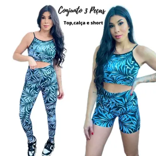 Conjunto Fitness Feminino - Calça Legging, Bermuda Meia Coxa e Top - estampa 3