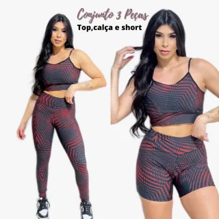 Conjunto Fitness Feminino - Calça Legging, Bermuda Meia Coxa e Top - estampa 3