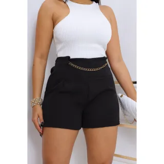 Short Cintura Alta Luxo em Linho com Corrente - M, G, GG - Vermelho