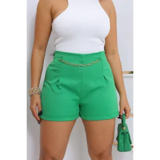 Short Cintura Alta Luxo em Linho com Corrente - M, G, GG - Vermelho