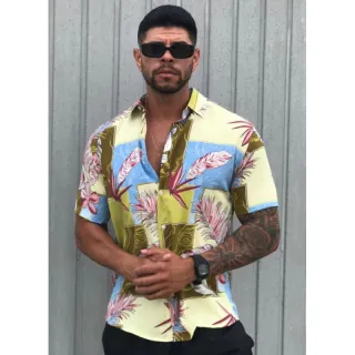Estampada Verão Masculina Manga Curta Floral Camisa - Laranja florida 1