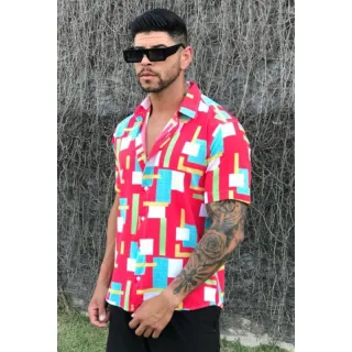 Estampada Verão Masculina Manga Curta Floral Camisa - Laranja florida 1
