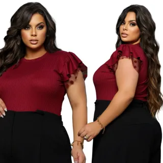 Blusa Feminina Plus Size Amelia Manga Poá - Moda Elegante até G3 - G3 (50-52)