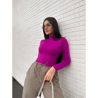 Outono Inverno Blusa Manga Longa Gola Alta Cacharrel - Azul