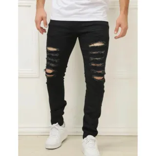 Calça Preta Masculina Slim Rasgada em Jeans de Alta Qualidade - Preto
