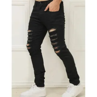 Calça Preta Masculina Slim Rasgada em Jeans de Alta Qualidade - Preto