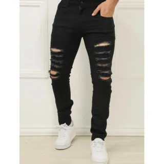 Calça Preta Masculina Slim Rasgada em Jeans de Alta Qualidade - Preto