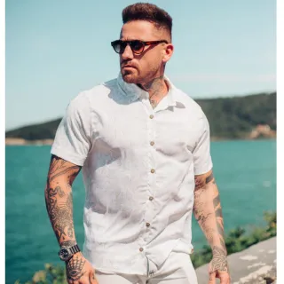 Camisa Social Masculina Manga Curta Estampada Verão Viscose M ao G2 Slim Fit - Serumano Clothing - Listrado