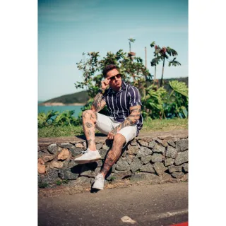 Camisa Social Masculina Manga Curta Estampada Verão Viscose M ao G2 Slim Fit - Serumano Clothing - Listrado