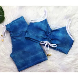 Conjunto de short com cordinha + top com bojo para academia - Neon alcinha