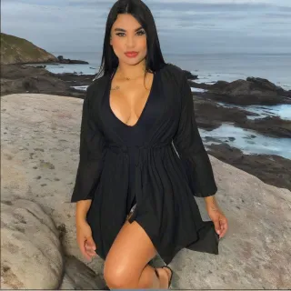 Linda Saída de Praia Feminina Amarra Verão Seca Rápido Kimono - Preto
