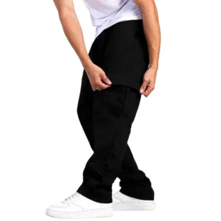 Calça Reta Masculino Streetwear Skate Retro Caqui Preta Bege Feminino Calça Larga Elástico Ajustável Cargo - Preta
