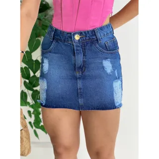Saia Feminina Jeans Curta com Barra Desfiada e Cintura Alta do 36 ao 46 - SAIA JEANS AZUL MÉDIO