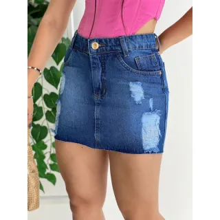 Saia Feminina Jeans Curta com Barra Desfiada e Cintura Alta do 36 ao 46 - SAIA JEANS AZUL MÉDIO