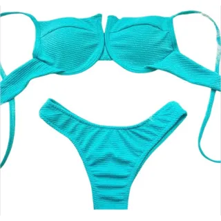 Moda Verão Biquíni Feminino Canelado Meia Taça com Aro e Bojo - Branco