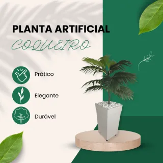 Decoração com Planta Artificial: Coqueiro + Vaso Marrom e Pedrinhas - Cinza
