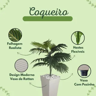 Decoração com Planta Artificial: Coqueiro + Vaso Marrom e Pedrinhas - Cinza