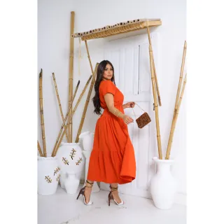 Dois babados estilo Zara: Vestido Midi Longuete Feminino em crepinho com Manga - P