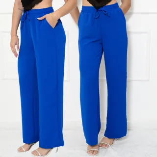 Calça Feminina Pantalona com Bolso e Elástico na Cintura, Tecido Duna - Azul