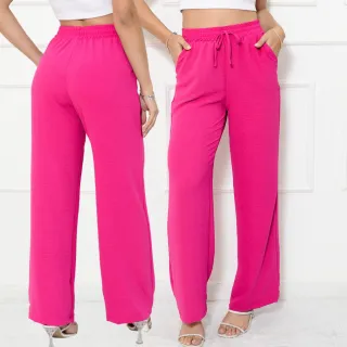 Calça Feminina Pantalona com Bolso e Elástico na Cintura, Tecido Duna - Azul