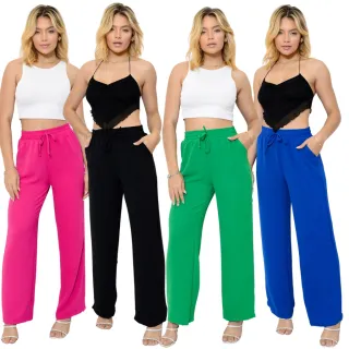 Calça Feminina Pantalona com Bolso e Elástico na Cintura, Tecido Duna - Azul