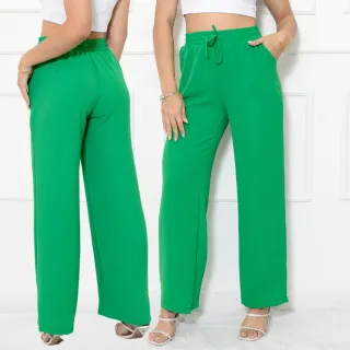 Calça Feminina Pantalona com Bolso e Elástico na Cintura, Tecido Duna - Azul