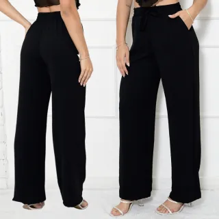 Calça Feminina Pantalona com Bolso e Elástico na Cintura, Tecido Duna - Azul