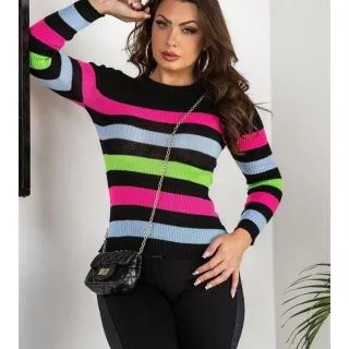 Moda Blogueiras: Blusa Listrada Tricot Cacharrel Feminina - Marinho c/Listras Sortida