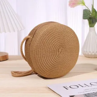 Alça Comprida Bolsa Redonda Pequena Palha Sintética - palha