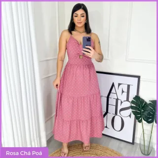 Vestido Decotado Feminino Midi com Alcinha Ajustável e Bojo - Rosa Chá Poá