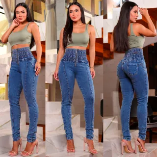 Modeladora Cós Alto Calça Jeans Empina Bumbum Strech Chapa Barriga - Jeans Lipo Cintura Alta Ziper