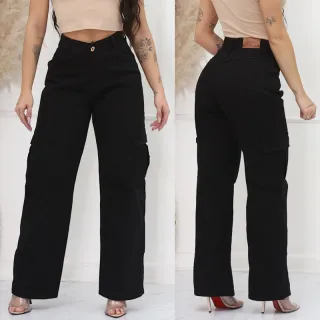 Calça Jeans Wide Leg Feminina - Cintura Alta, Tecido Grosso e Marmorizada - Marmorizada clara