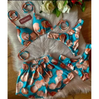 Conjunto biquini asa delta feminino, moda praia verao - Kit com 3 peças - Conchas