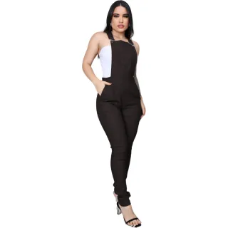 Macaquinho Feminino Jardineira com Bolso e Suspensório - Preto