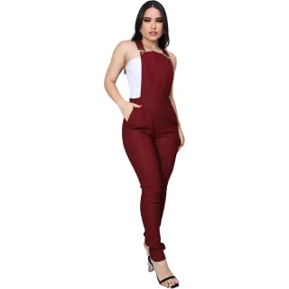 Macaquinho Feminino Jardineira com Bolso e Suspensório - Jeans Bengaline