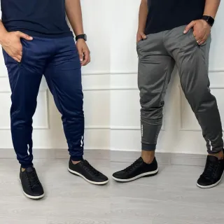 Agasalho Jogger Tradicional Casual e Treino - Kit Calça Skinny Refletivo Dry Fit - Kit 1 Azul + 1 cinza