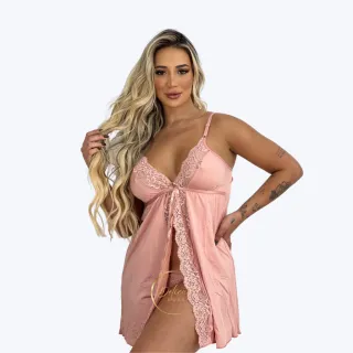 Calcinha Luxo Com Camisola Aberta De Renda - Preto