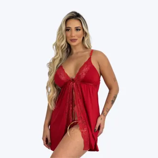 Calcinha Luxo Com Camisola Aberta De Renda - Preto